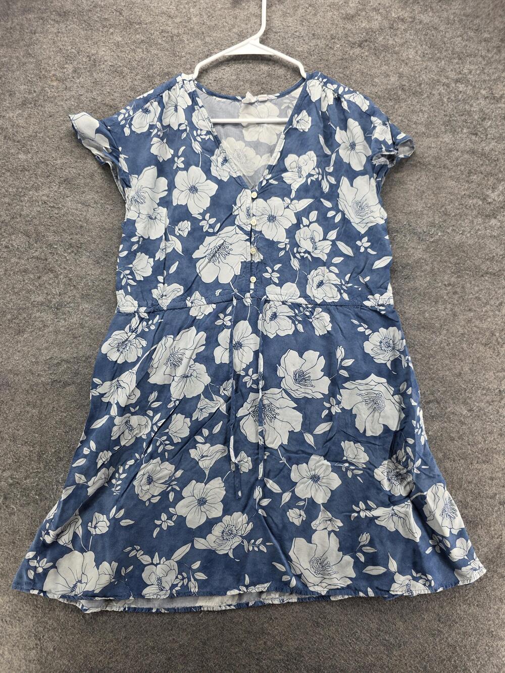 GAP Dress Womens L Blue Floral Fit & Flare V-Neck Button Flutter Sleeve